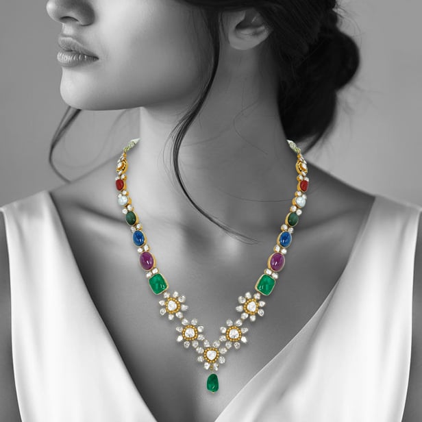 Navaratan Floral Necklace with Polkis, Emeralds, Rubies, and Pearls